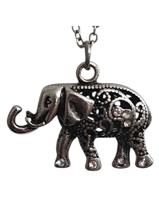 Jewelry - Silvertone Elephant Pendant Necklace Rhinestone
